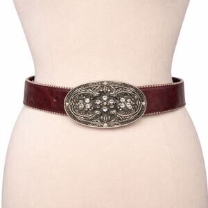 Vintage Burgundy Leather Western Belt w/ Rhinestone Buckle – Women’s M